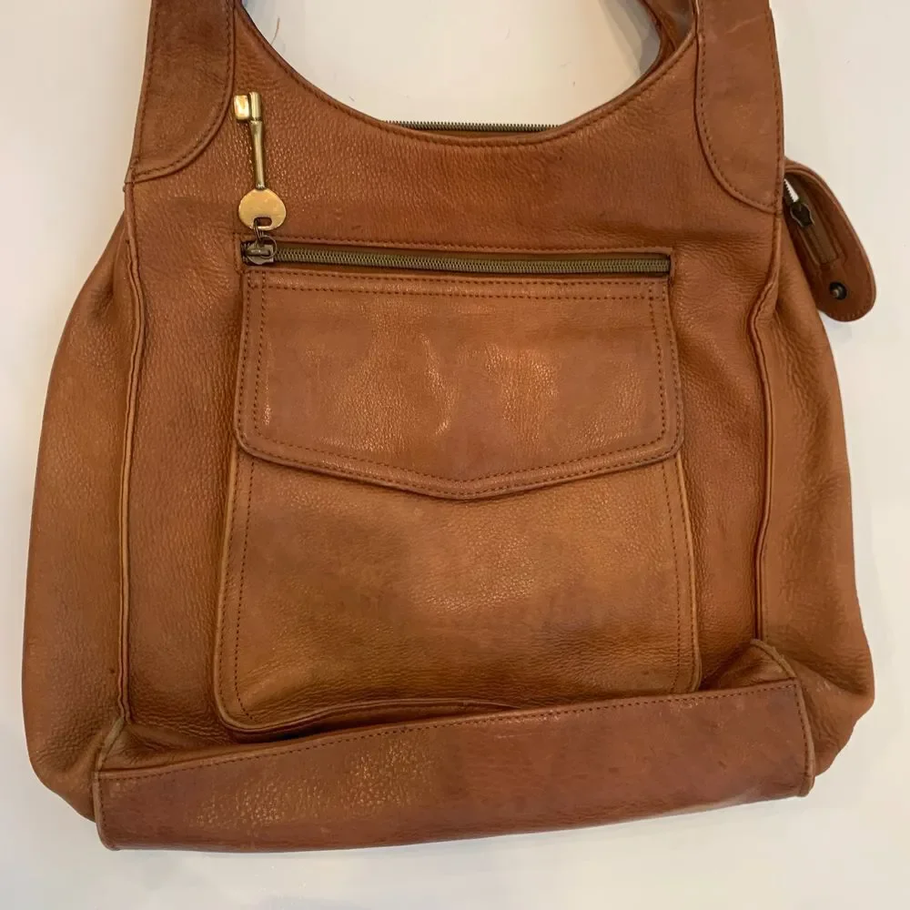 EUC Fossil Vintage Brown Leather Hobo Shoulder Bag‎ with Multiple Pockets